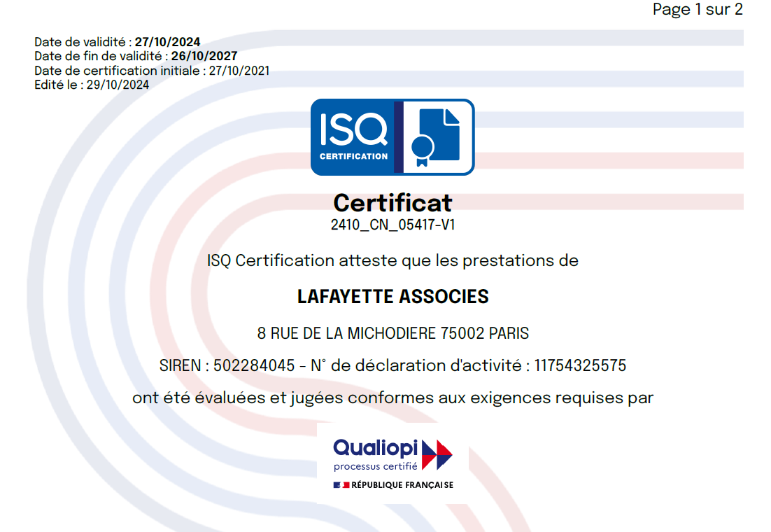 Certificat qualiopi ISQ 2024 Lafayette